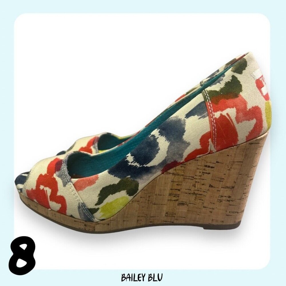 TOMS Stella Tangerine Watercolor Floral Peep Toe Wedge Sandal Heels Shoes 8 New